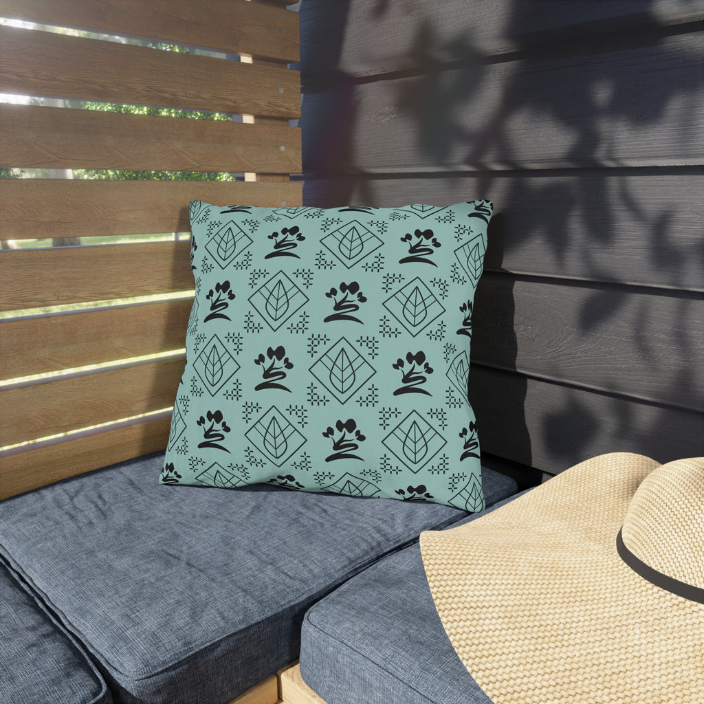 Outdoor Pillow — Teal Botanical Tea Leaf Geometric Pattern