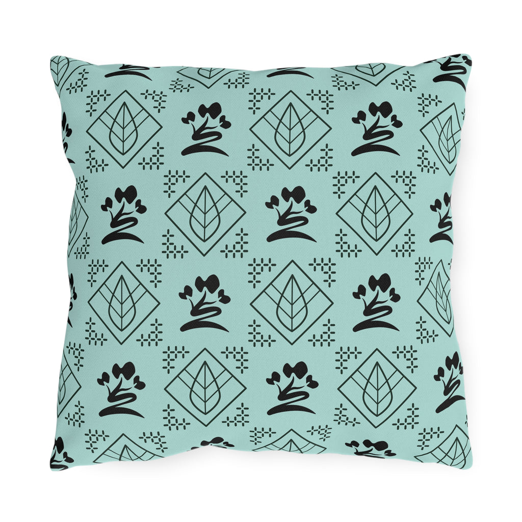 Outdoor Pillow — Teal Botanical Tea Leaf Geometric Pattern
