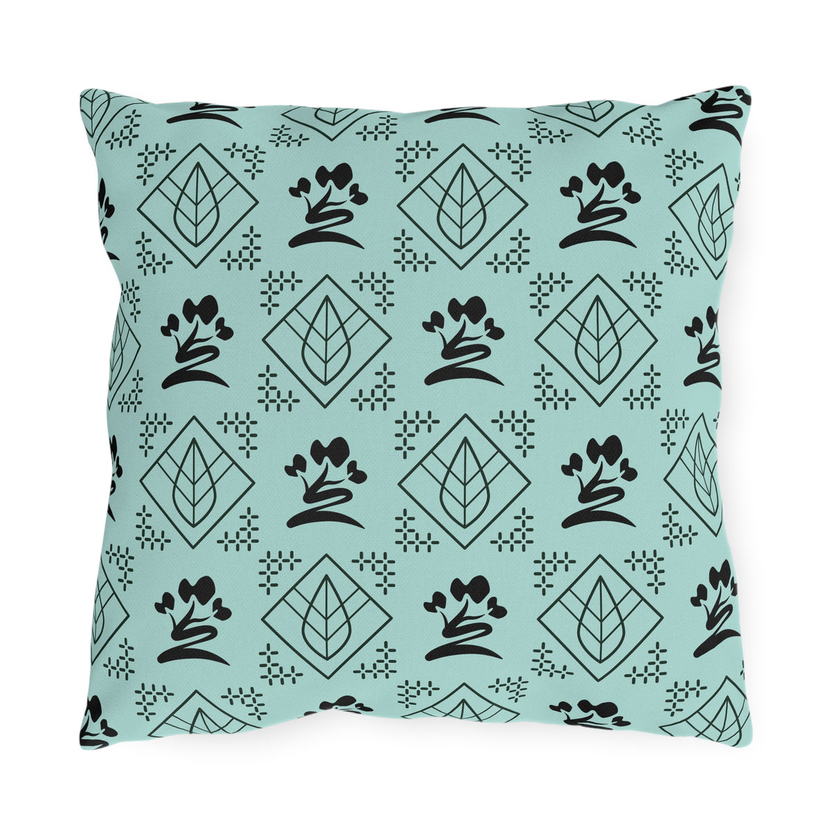 Outdoor Pillow — Teal Botanical Tea Leaf Geometric Pattern