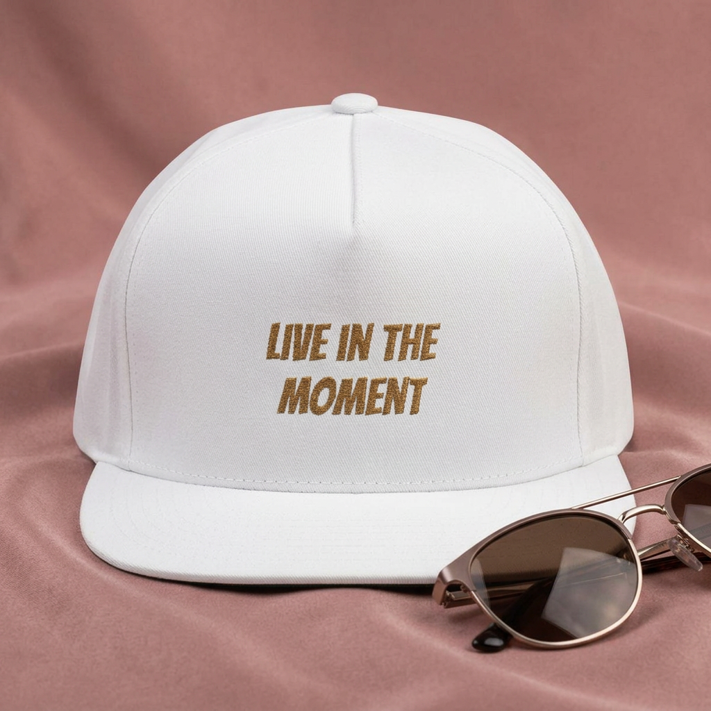 Live In The Moment Embroidered Flat Bill Cap