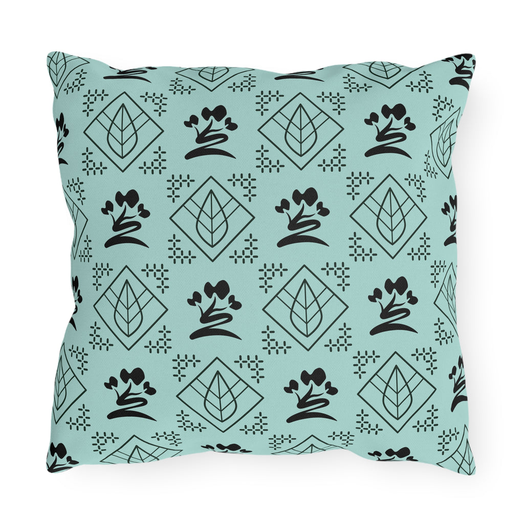Outdoor Pillow — Teal Botanical Tea Leaf Geometric Pattern