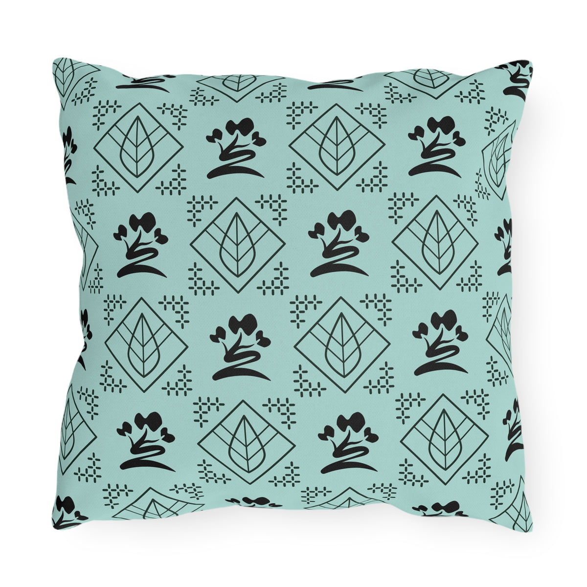 Outdoor Pillow — Teal Botanical Tea Leaf Geometric Pattern