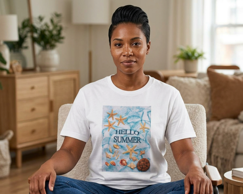 Hello Summer Tee — Beach Shells & Starfish Graphic T-Shirt