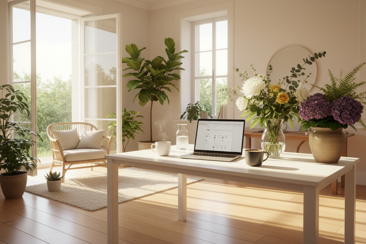 Freshness home and work space, sunlight, flowers, tea and coffee