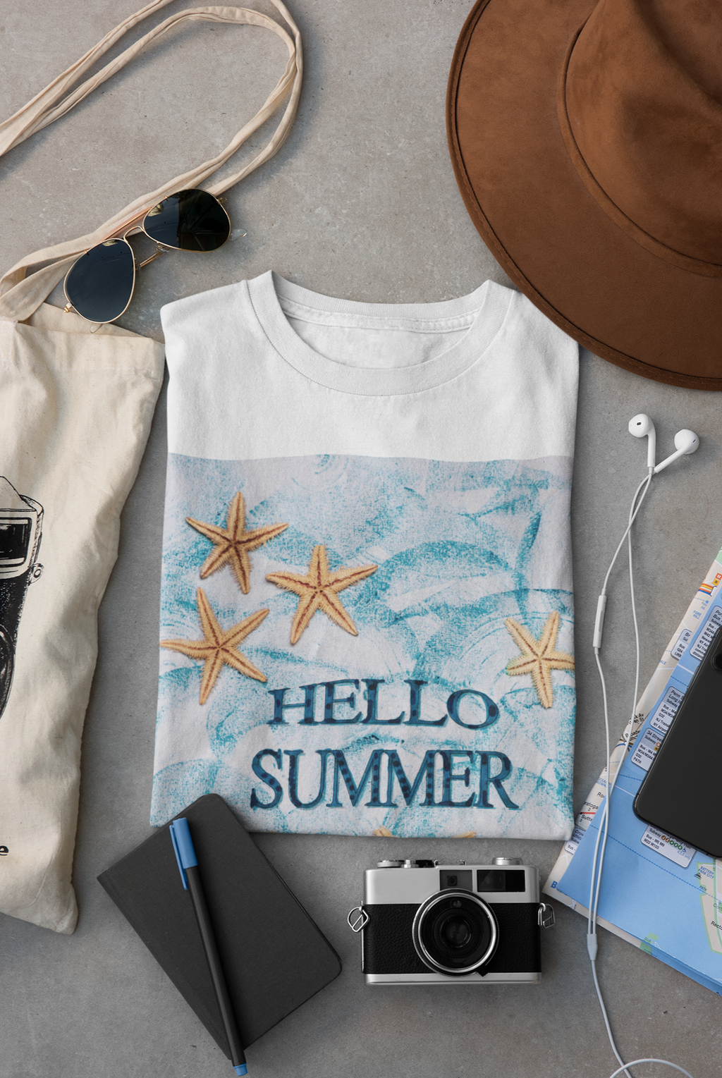 Hello Summer Tee — Beach Shells & Starfish Graphic T-Shirt